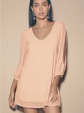 Lulus Chiffon Shift Mini Dress Blush Pink Size XL Sheer Balloon Sleeve Party